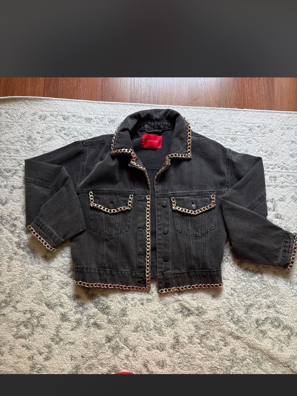 Signature8 Black Denim Jacket with Gold Chain Trim